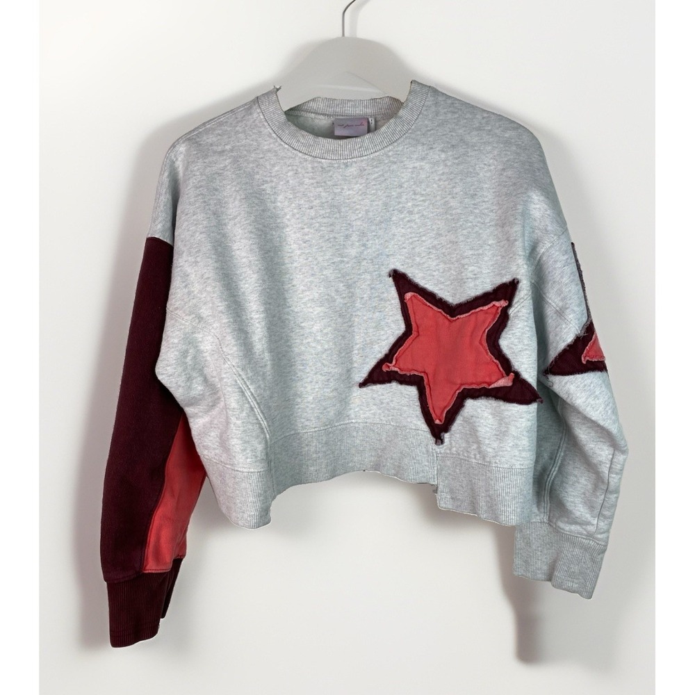 Out From Under Women's S Gray Orange Purple Star Crop Pullover Sweatshirt